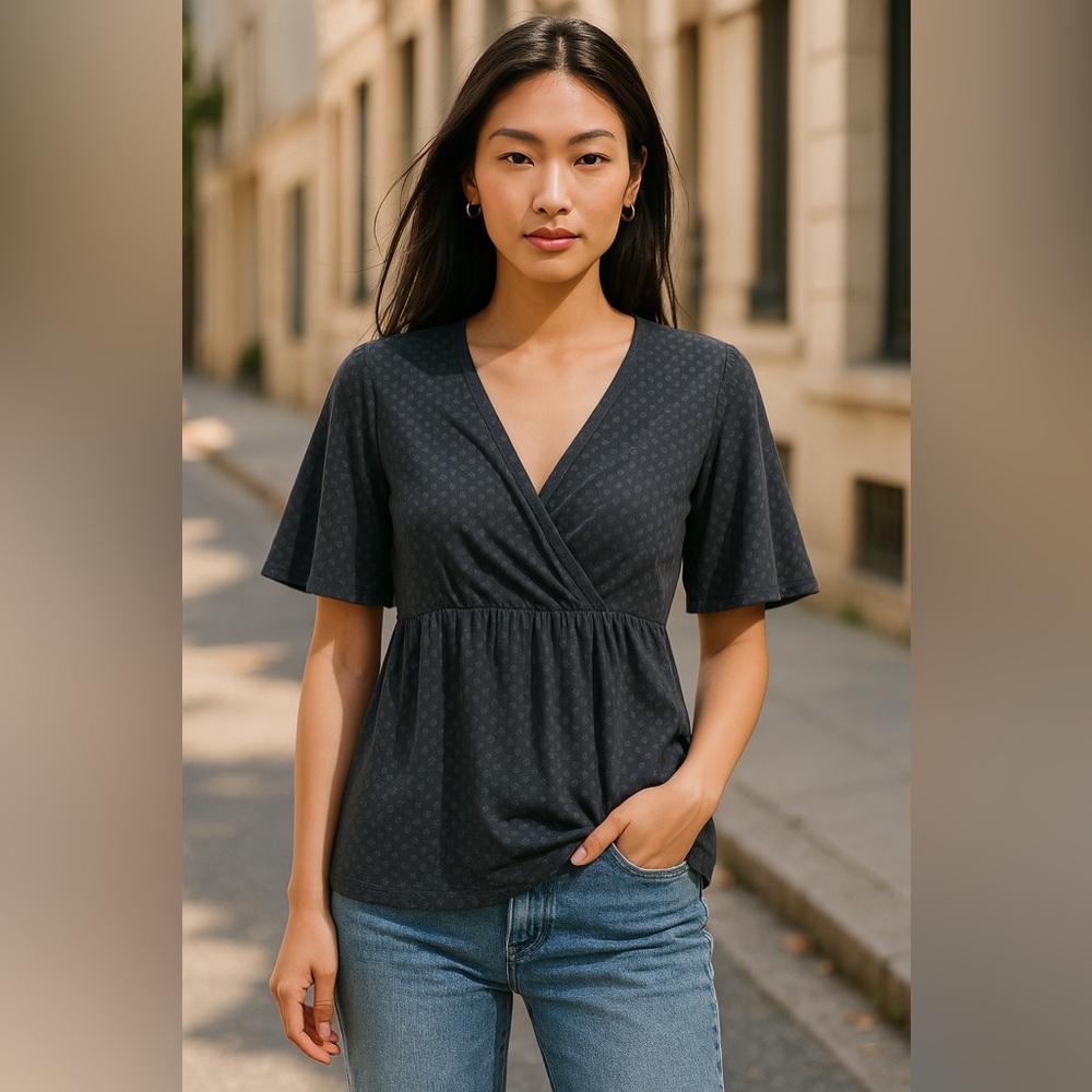 Esprit navy v-neck short sleeve with a high elastic waist stretchy Scandi size m